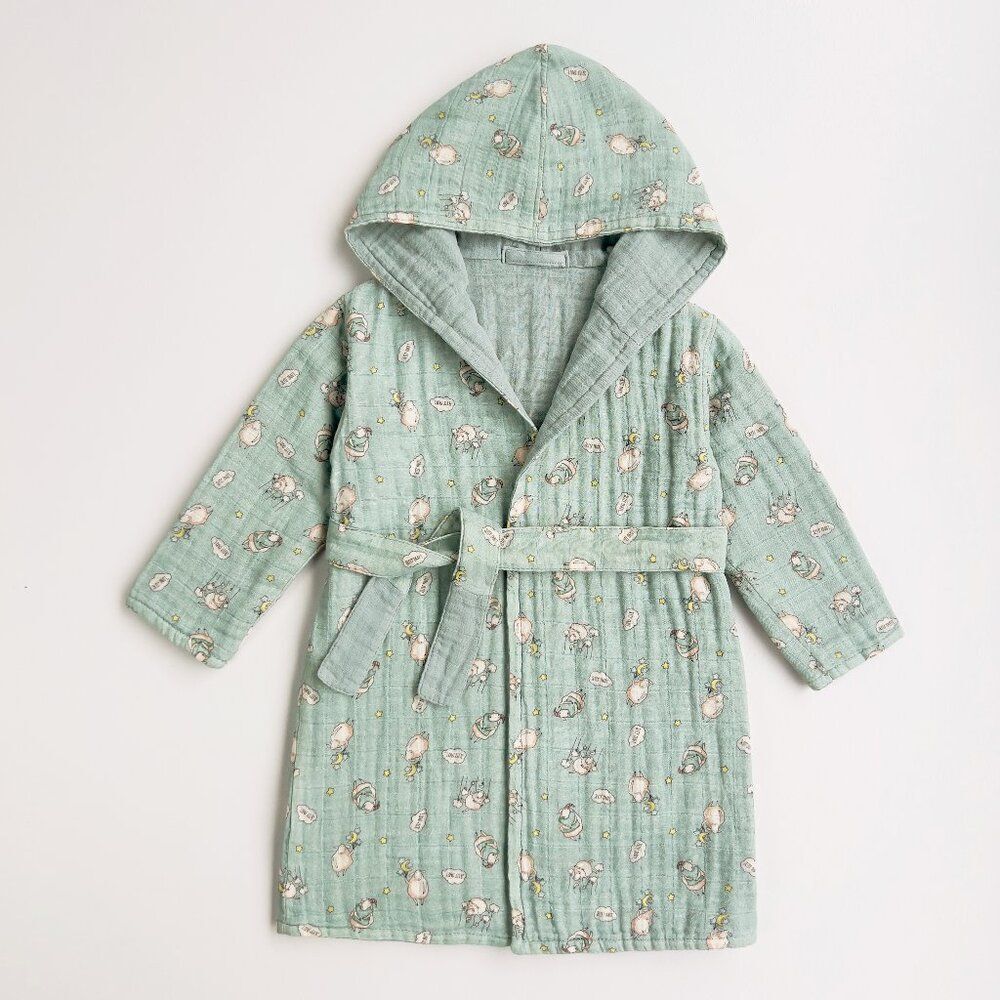 KIDS Organic Muslin Cotton Bathrobe - Reversible Sleepy sheep green